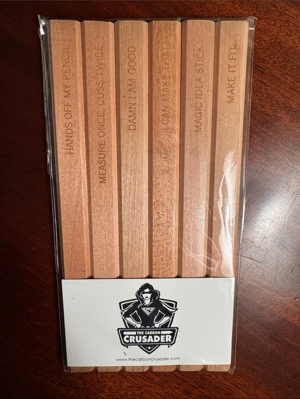 The Carbon Crusader Set of 6 Funny Engraved Carpeter Pencils
